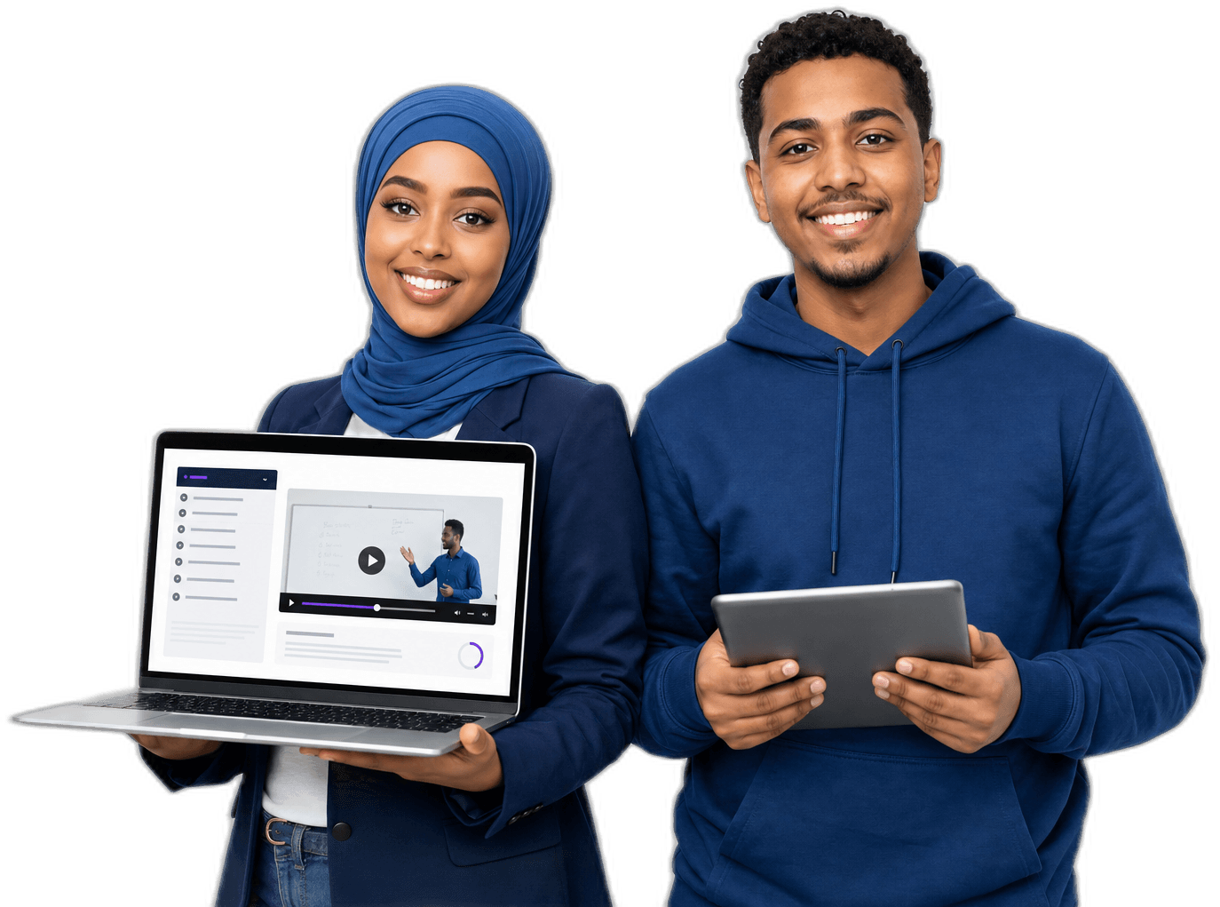 Two smiling students learning online with a laptop and tablet